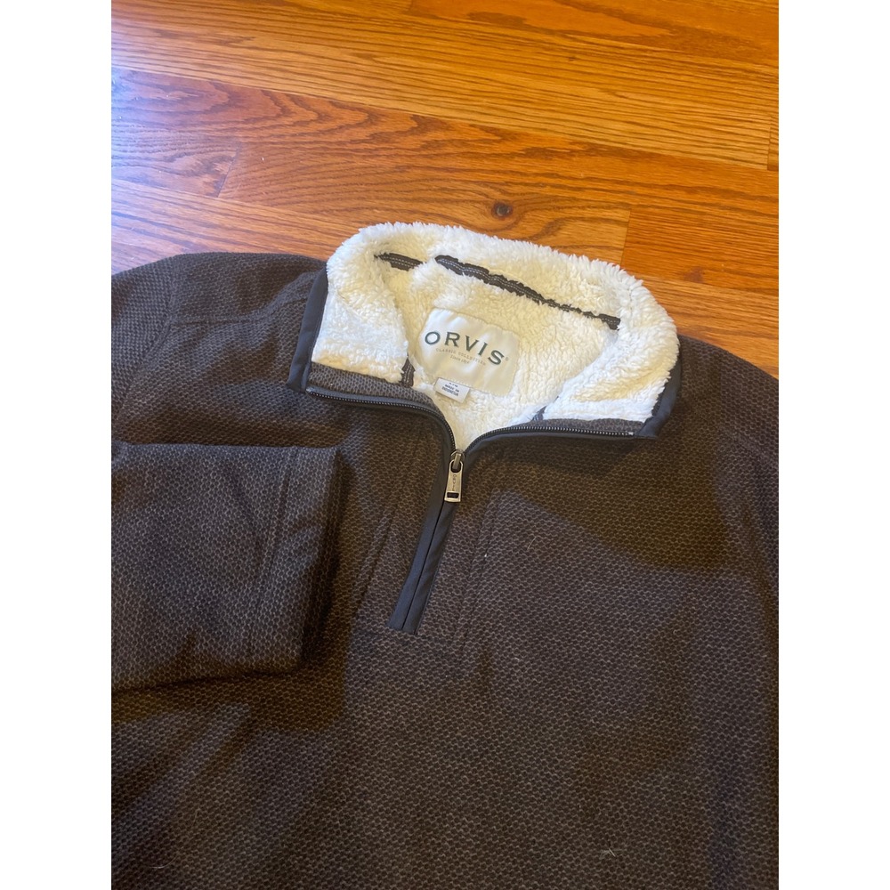 Orvis Mens Quarter Zip Pullover Large Brown Waffle Knit Sherpa Lined Fleece